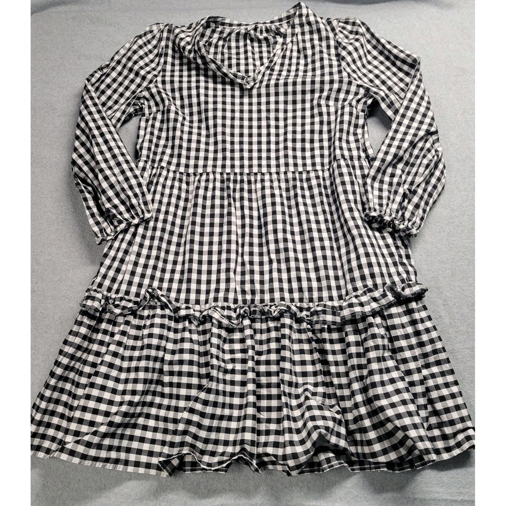 J.Crew Gingham Tiered Mini Dress Black White Long‎ Sleeve Pockets Womens Large